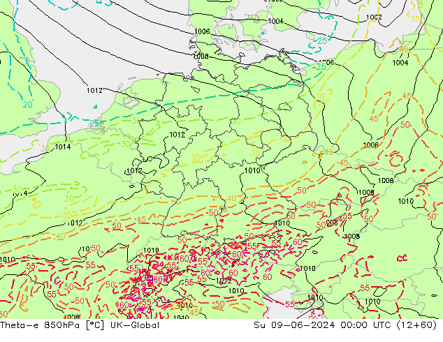 Theta-e 850hPa UK-Global dom 09.06.2024 00 UTC