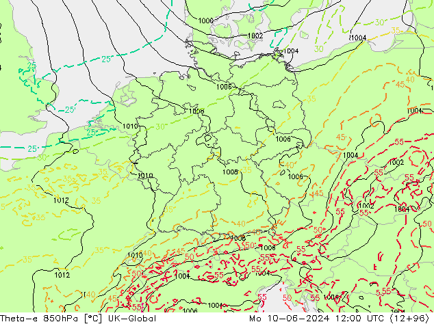 Theta-e 850hPa UK-Global lun 10.06.2024 12 UTC