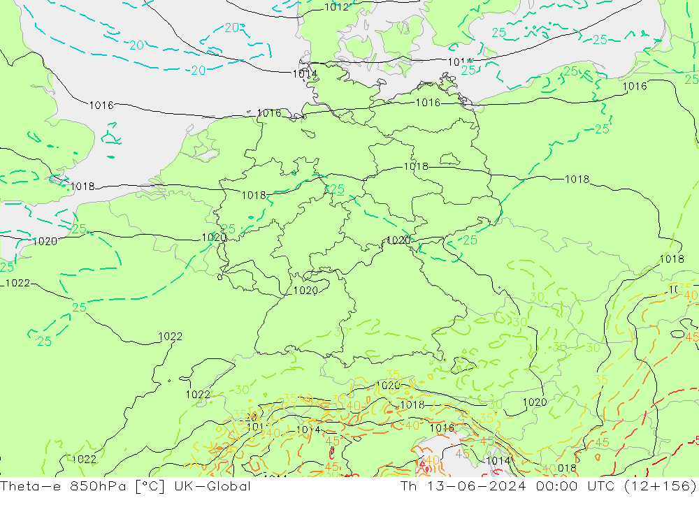 Theta-e 850hPa UK-Global jeu 13.06.2024 00 UTC