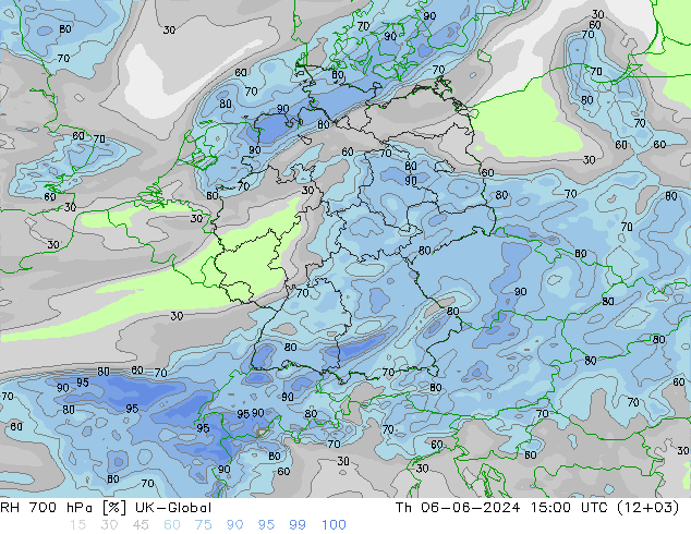 RH 700 hPa UK-Global czw. 06.06.2024 15 UTC