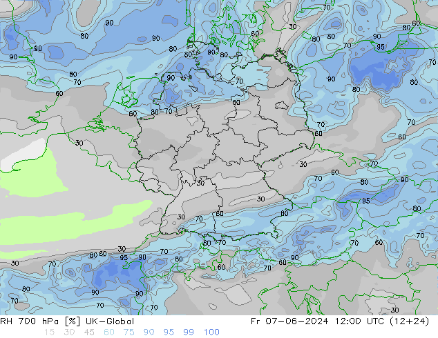 Humedad rel. 700hPa UK-Global vie 07.06.2024 12 UTC