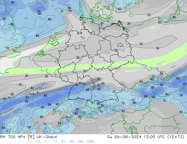 RH 700 гПа UK-Global Вс 09.06.2024 12 UTC