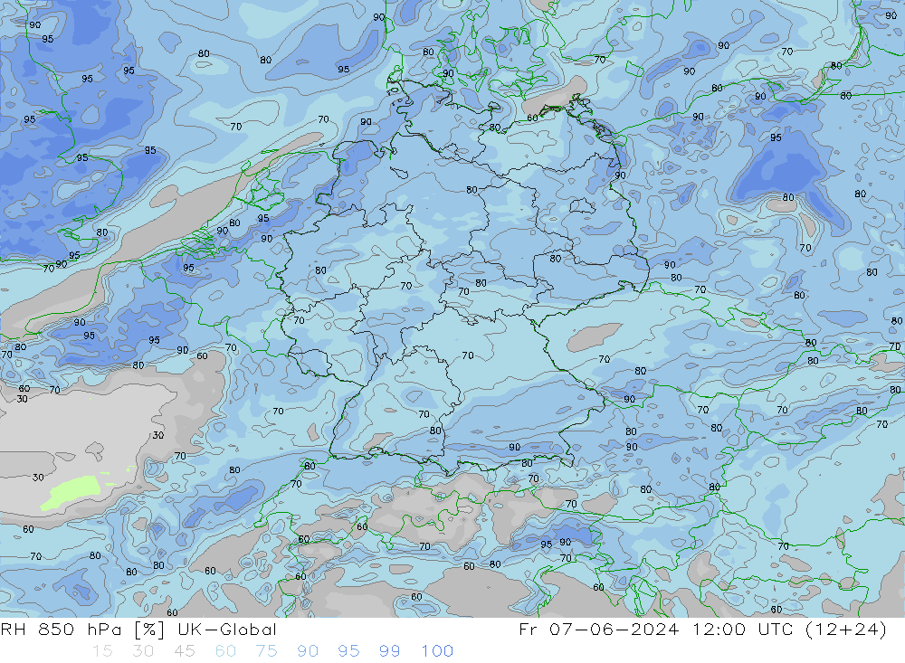 RH 850 hPa UK-Global 星期五 07.06.2024 12 UTC