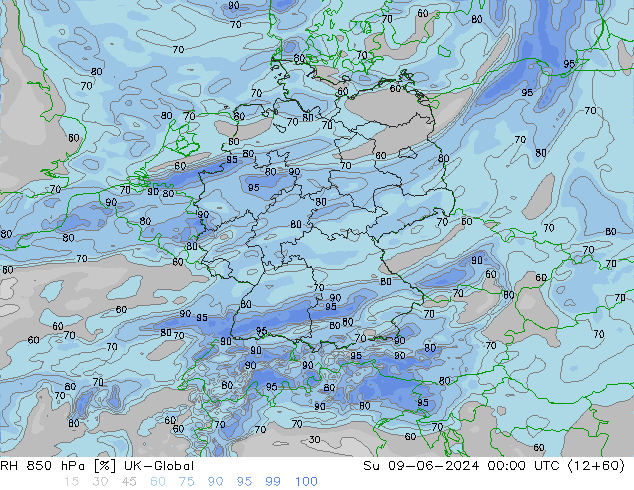 RH 850 hPa UK-Global Su 09.06.2024 00 UTC