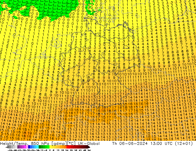 Geop./Temp. 850 hPa UK-Global jue 06.06.2024 13 UTC