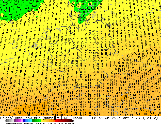 Height/Temp. 850 hPa UK-Global Sex 07.06.2024 06 UTC