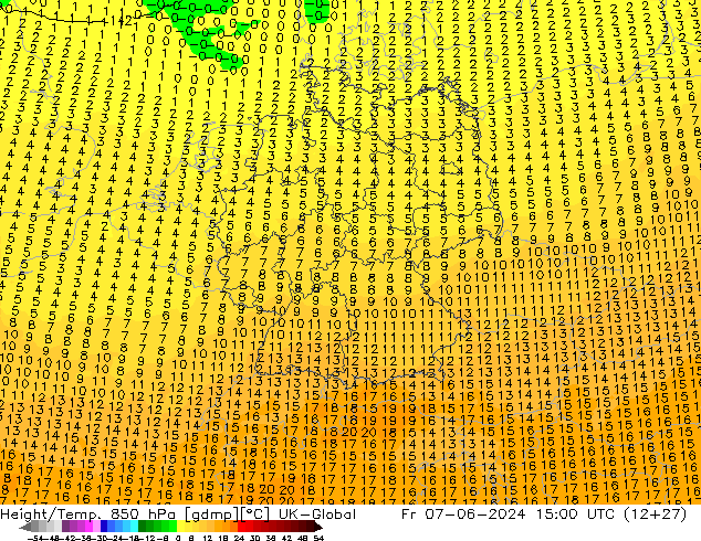 Height/Temp. 850 hPa UK-Global Fr 07.06.2024 15 UTC