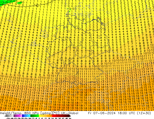 Height/Temp. 850 hPa UK-Global Fr 07.06.2024 18 UTC