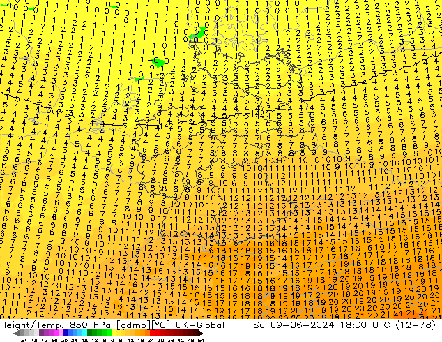 Height/Temp. 850 hPa UK-Global dom 09.06.2024 18 UTC