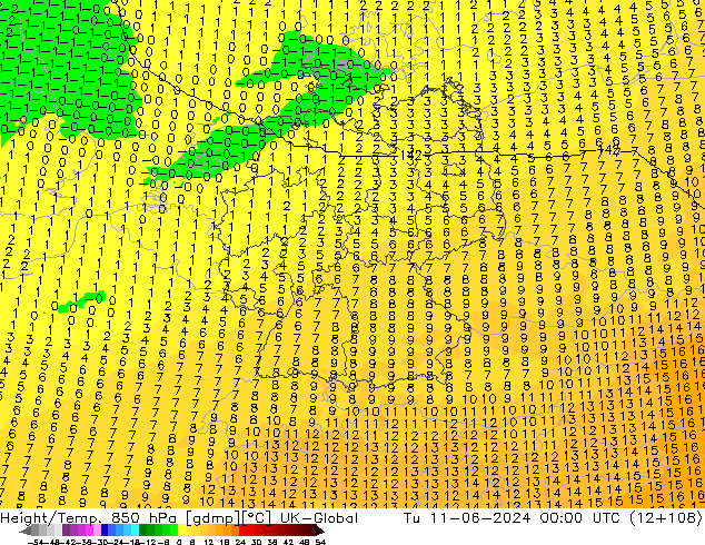 Height/Temp. 850 hPa UK-Global Ter 11.06.2024 00 UTC