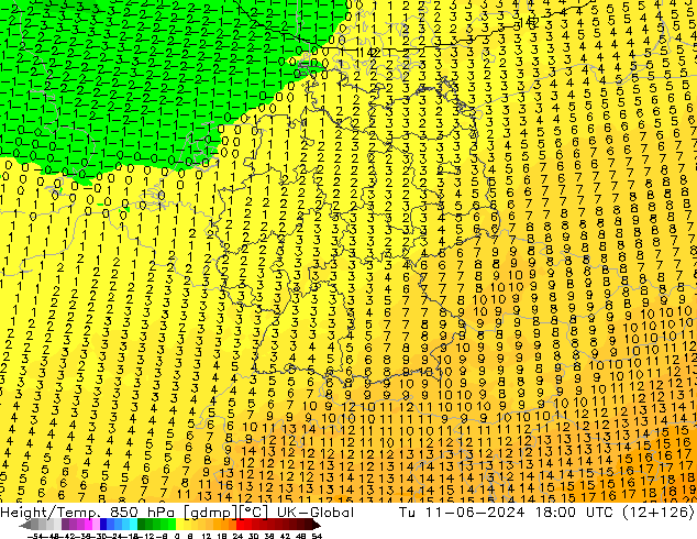 Hoogte/Temp. 850 hPa UK-Global di 11.06.2024 18 UTC