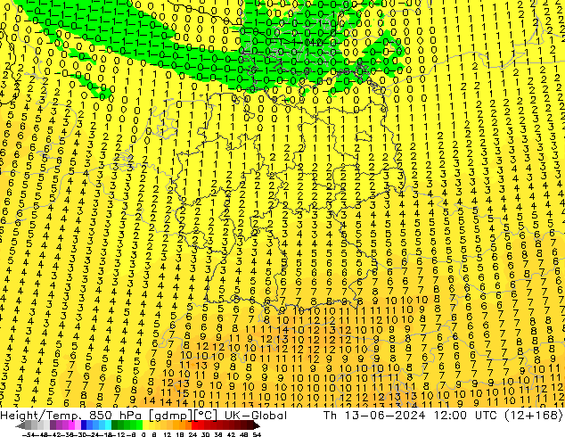 Height/Temp. 850 hPa UK-Global Qui 13.06.2024 12 UTC