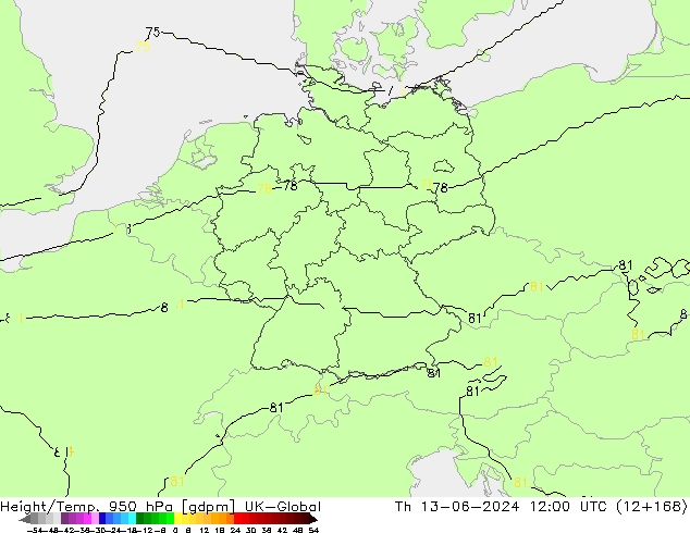 Height/Temp. 950 hPa UK-Global czw. 13.06.2024 12 UTC