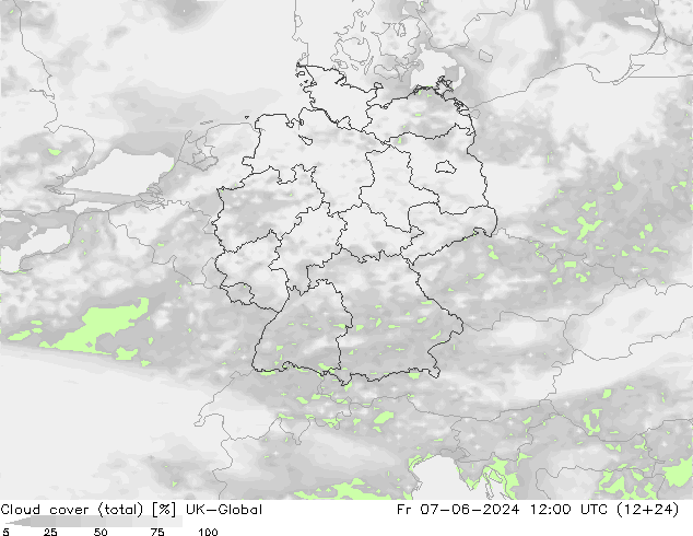 Cloud cover (total) UK-Global Fr 07.06.2024 12 UTC