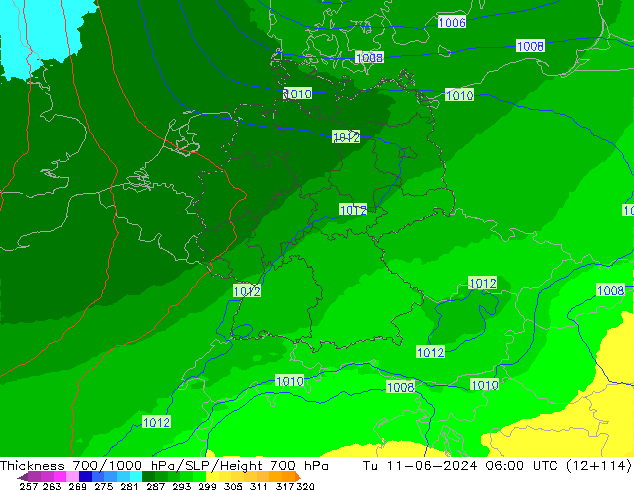 Thck 700-1000 hPa UK-Global Ter 11.06.2024 06 UTC