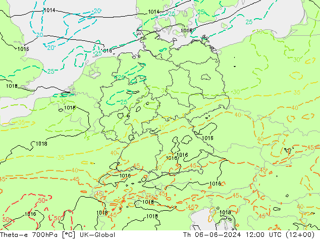 Theta-e 700hPa UK-Global czw. 06.06.2024 12 UTC