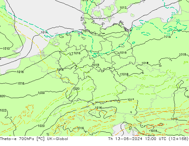 Theta-e 700hPa UK-Global Th 13.06.2024 12 UTC