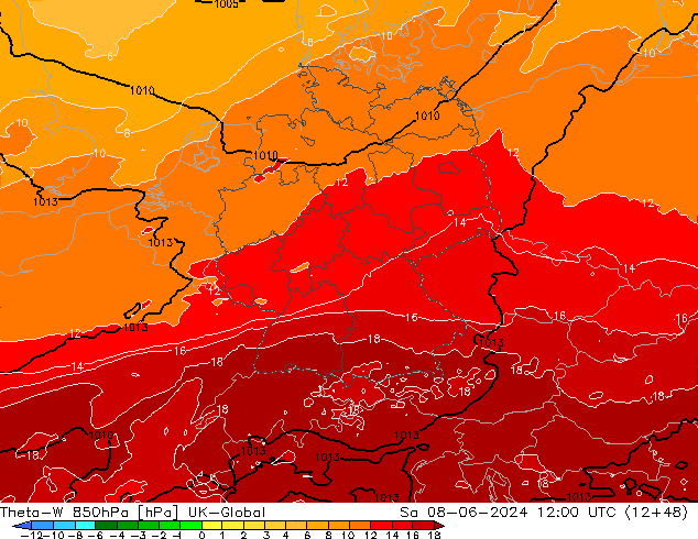 Theta-W 850hPa UK-Global So 08.06.2024 12 UTC