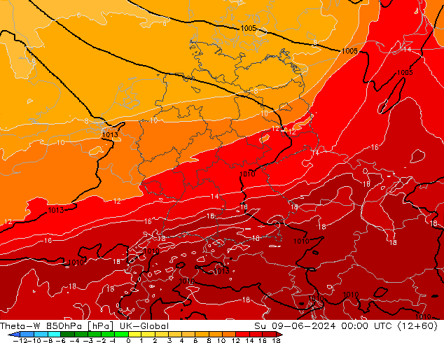 Theta-W 850hPa UK-Global nie. 09.06.2024 00 UTC