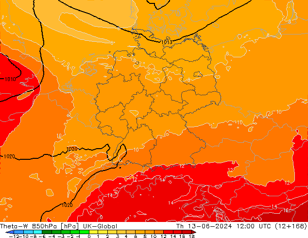 Theta-W 850гПа UK-Global чт 13.06.2024 12 UTC