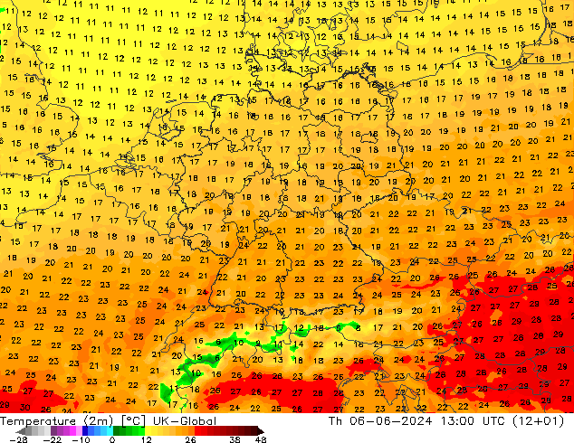 Temperature (2m) UK-Global Th 06.06.2024 13 UTC