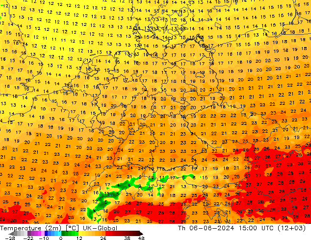 Temperatura (2m) UK-Global Qui 06.06.2024 15 UTC