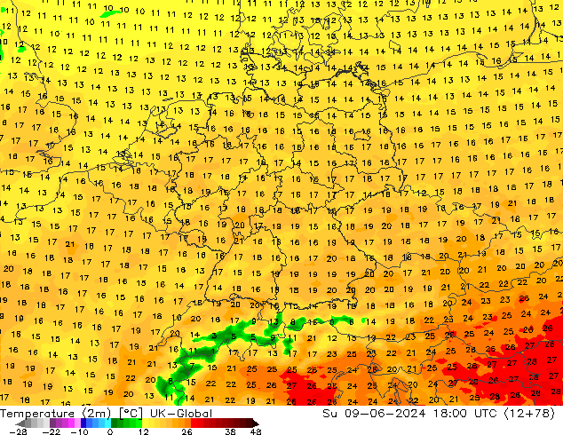 Temperatura (2m) UK-Global Dom 09.06.2024 18 UTC