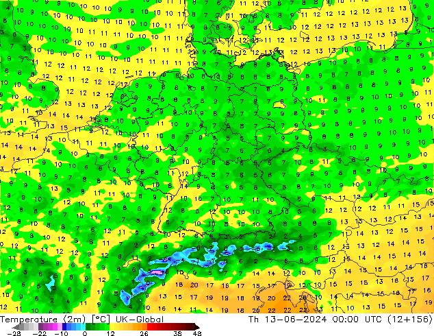 Temperature (2m) UK-Global Th 13.06.2024 00 UTC