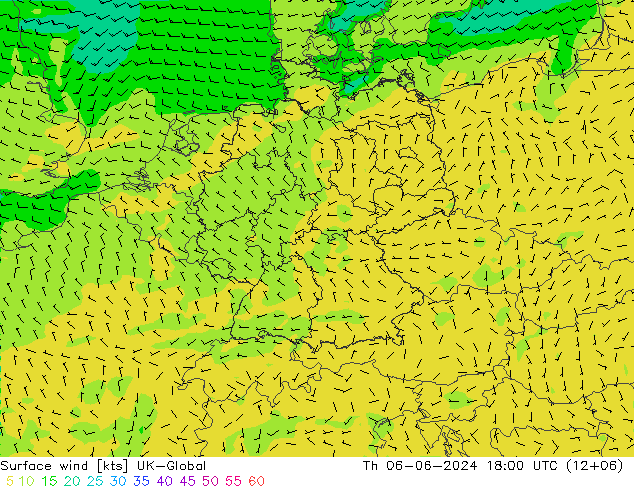 Viento 10 m UK-Global jue 06.06.2024 18 UTC