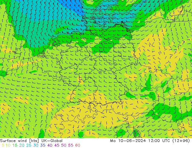 Surface wind UK-Global Po 10.06.2024 12 UTC