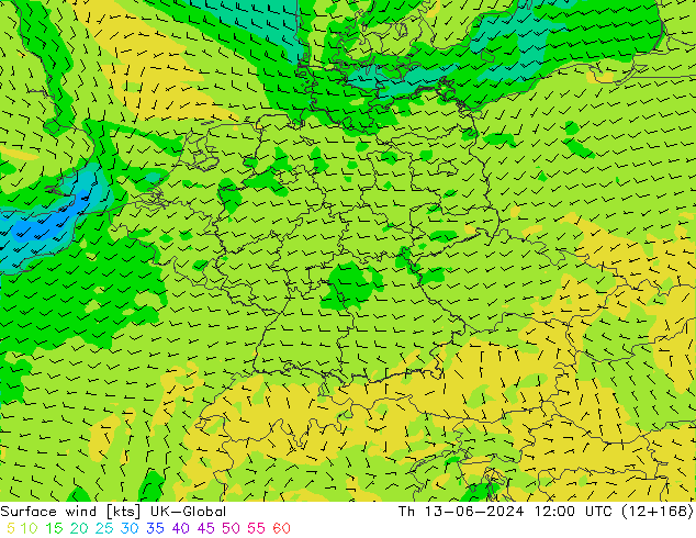 Surface wind UK-Global Th 13.06.2024 12 UTC