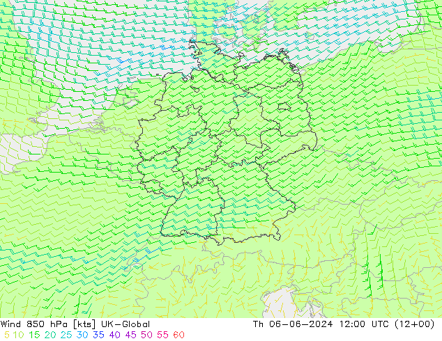 Wind 850 hPa UK-Global Th 06.06.2024 12 UTC