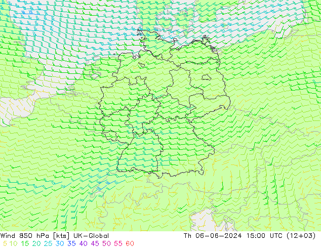 wiatr 850 hPa UK-Global czw. 06.06.2024 15 UTC