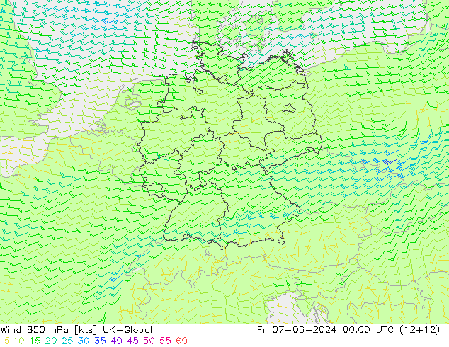 Wind 850 hPa UK-Global Fr 07.06.2024 00 UTC