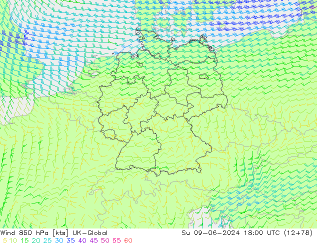 Wind 850 hPa UK-Global Ne 09.06.2024 18 UTC
