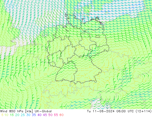 Wind 850 hPa UK-Global Út 11.06.2024 06 UTC