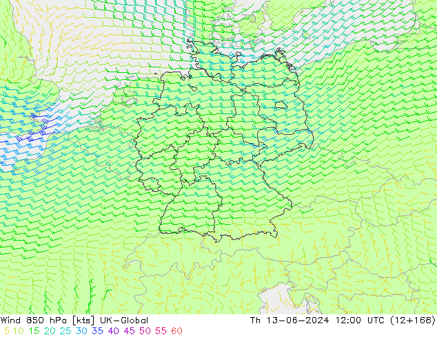 Wind 850 hPa UK-Global Th 13.06.2024 12 UTC