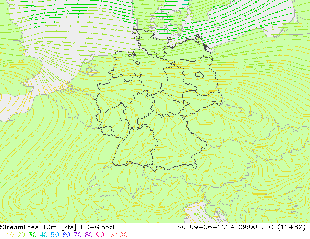 Streamlines 10m UK-Global Su 09.06.2024 09 UTC