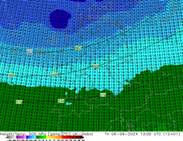 Hoogte/Temp. 500 hPa UK-Global do 06.06.2024 13 UTC