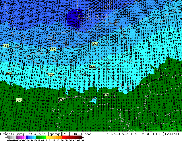 Geop./Temp. 500 hPa UK-Global jue 06.06.2024 15 UTC