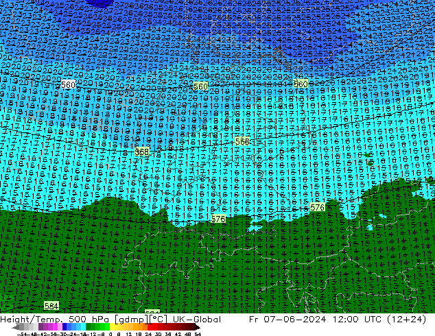 Height/Temp. 500 hPa UK-Global  07.06.2024 12 UTC