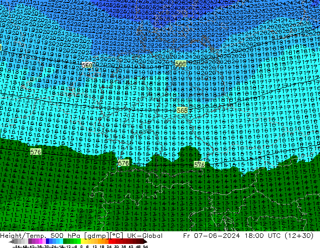 Height/Temp. 500 hPa UK-Global Fr 07.06.2024 18 UTC