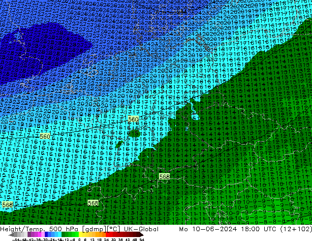 Yükseklik/Sıc. 500 hPa UK-Global Pzt 10.06.2024 18 UTC