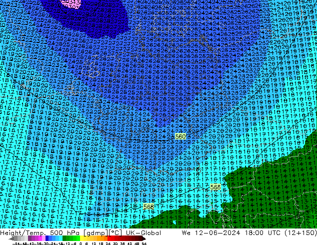 Height/Temp. 500 hPa UK-Global mer 12.06.2024 18 UTC