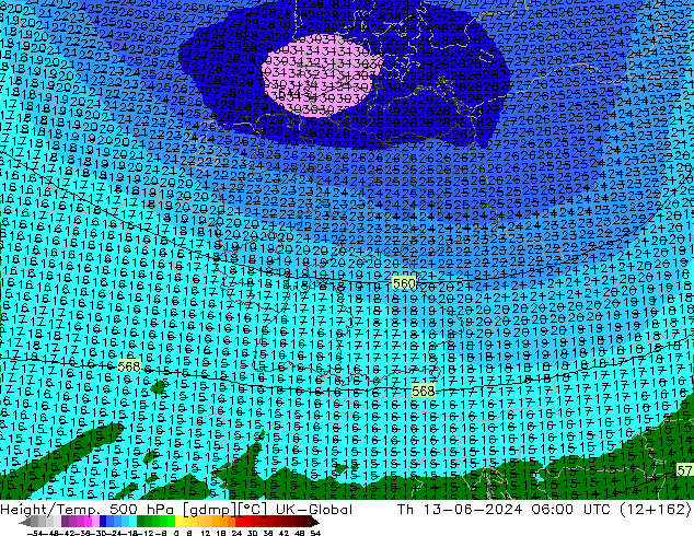 Yükseklik/Sıc. 500 hPa UK-Global Per 13.06.2024 06 UTC