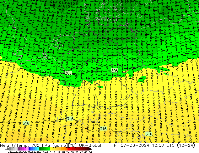 Height/Temp. 700 hPa UK-Global Fr 07.06.2024 12 UTC