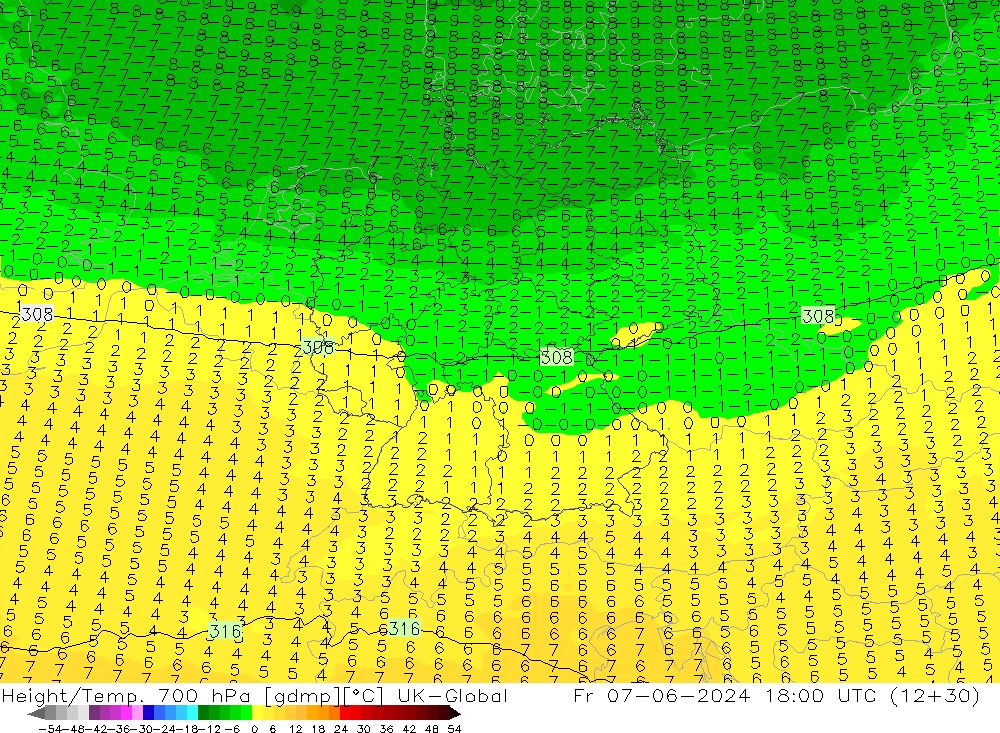 Height/Temp. 700 hPa UK-Global Fr 07.06.2024 18 UTC