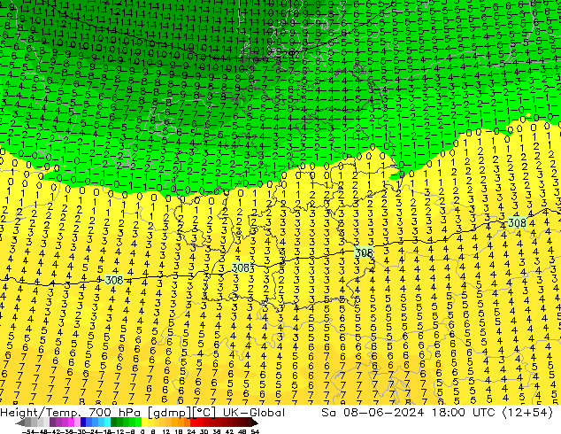 Height/Temp. 700 hPa UK-Global Sáb 08.06.2024 18 UTC