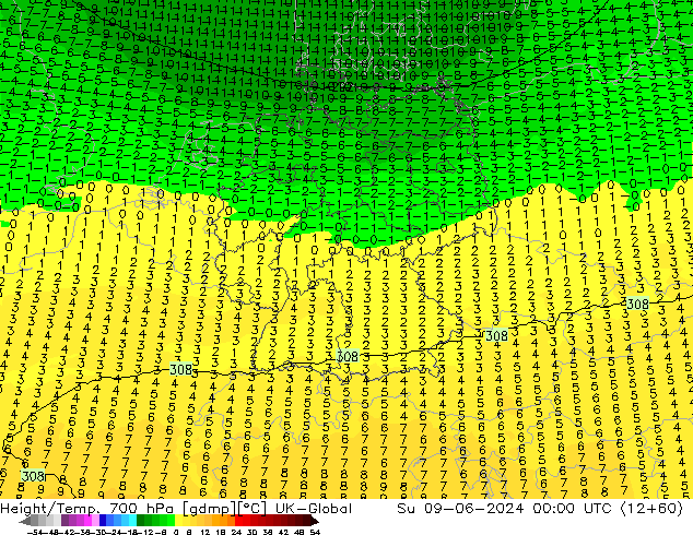 Height/Temp. 700 hPa UK-Global nie. 09.06.2024 00 UTC