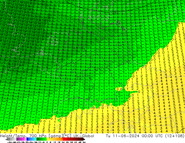 Height/Temp. 700 hPa UK-Global wto. 11.06.2024 00 UTC